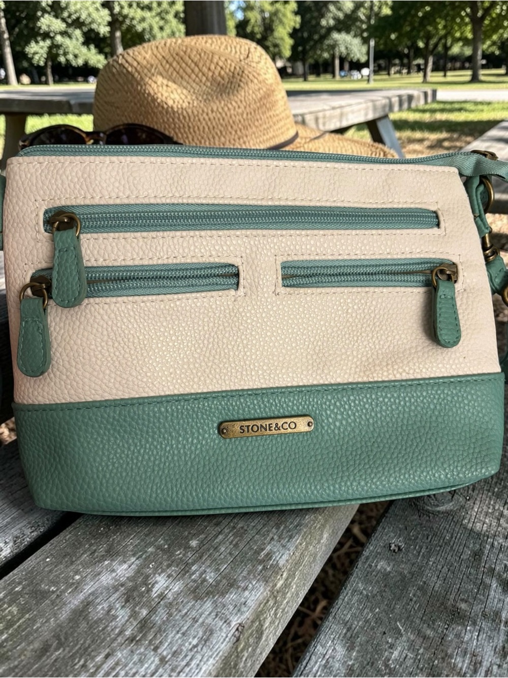 Stone & Co Bone Ice Blue Crossbody Organizer Bag Multi Zip Pebbled Vegan Leather